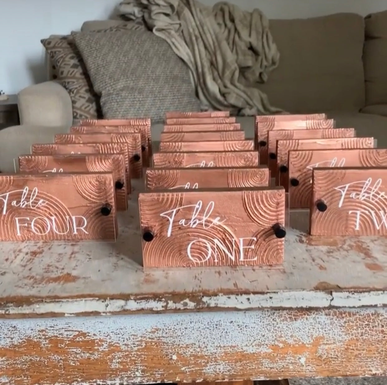 Copper 3D wood + acrylic + textured table numbers
