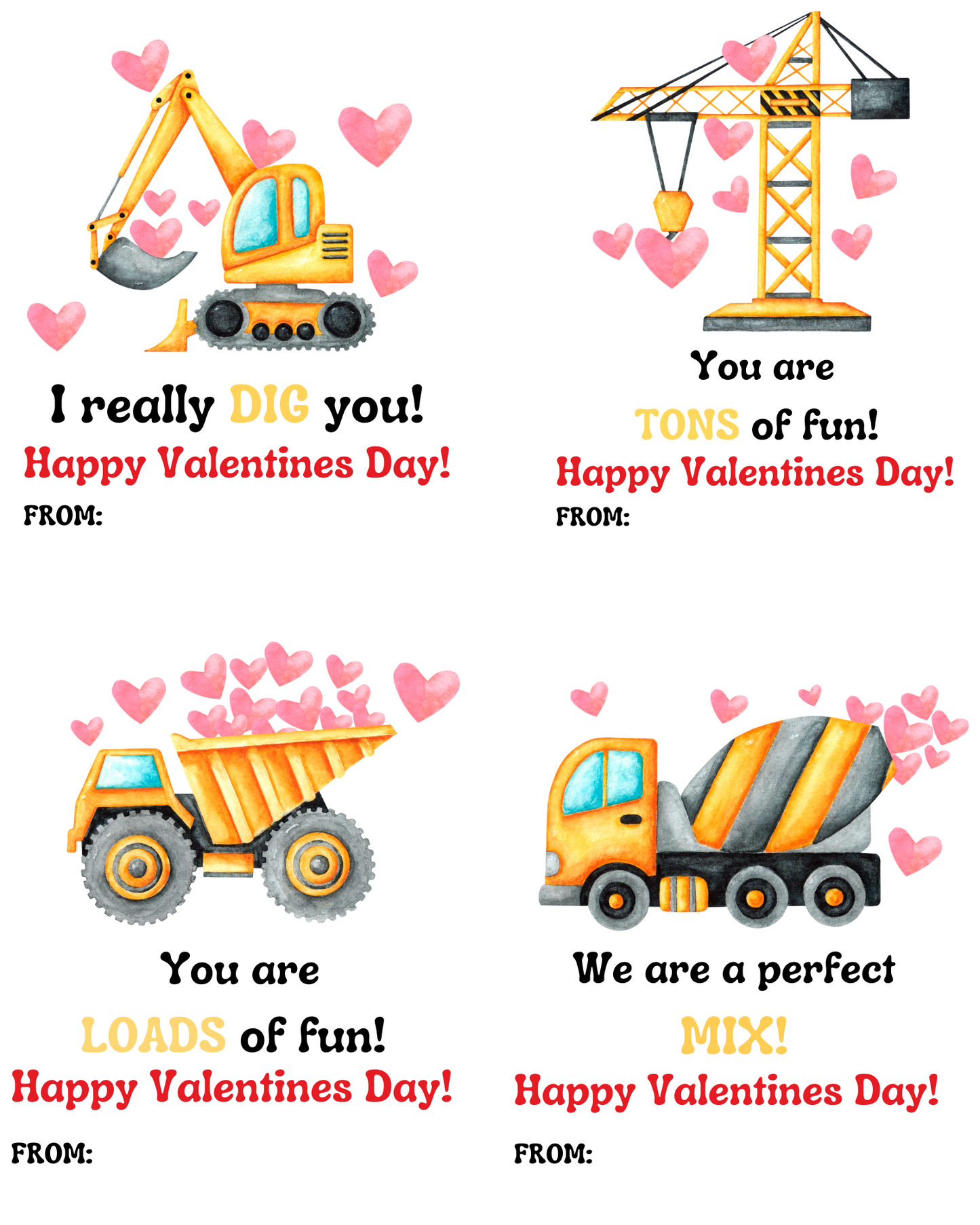 Construction Printable Valentine's Day Cards - Digital Download