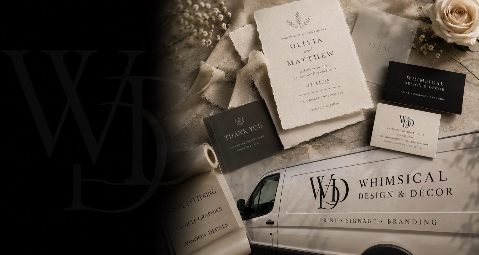 Whimsical Design & Decor wedding stationery, signage, vehicle graphics, decals and business cards