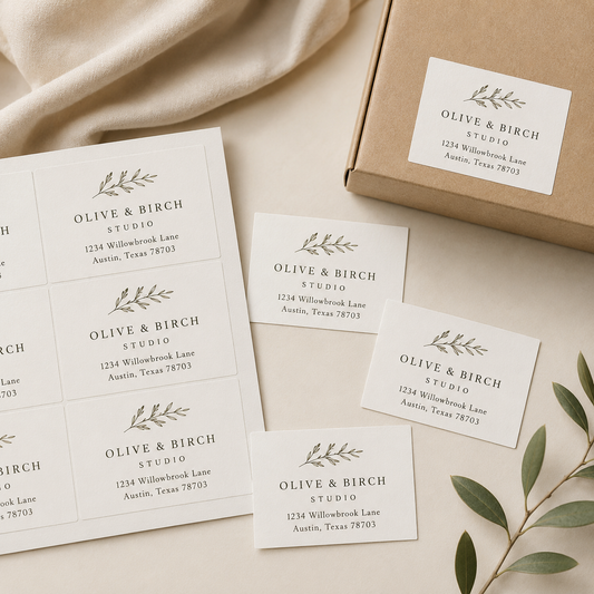 Business return address labels with sharp corners, shown on a sheet and packaging