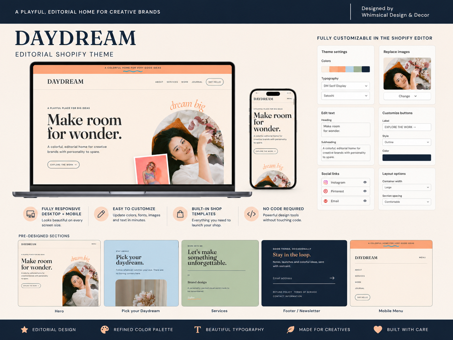 Daydream Shopify theme customization and pre-designed sections showcase