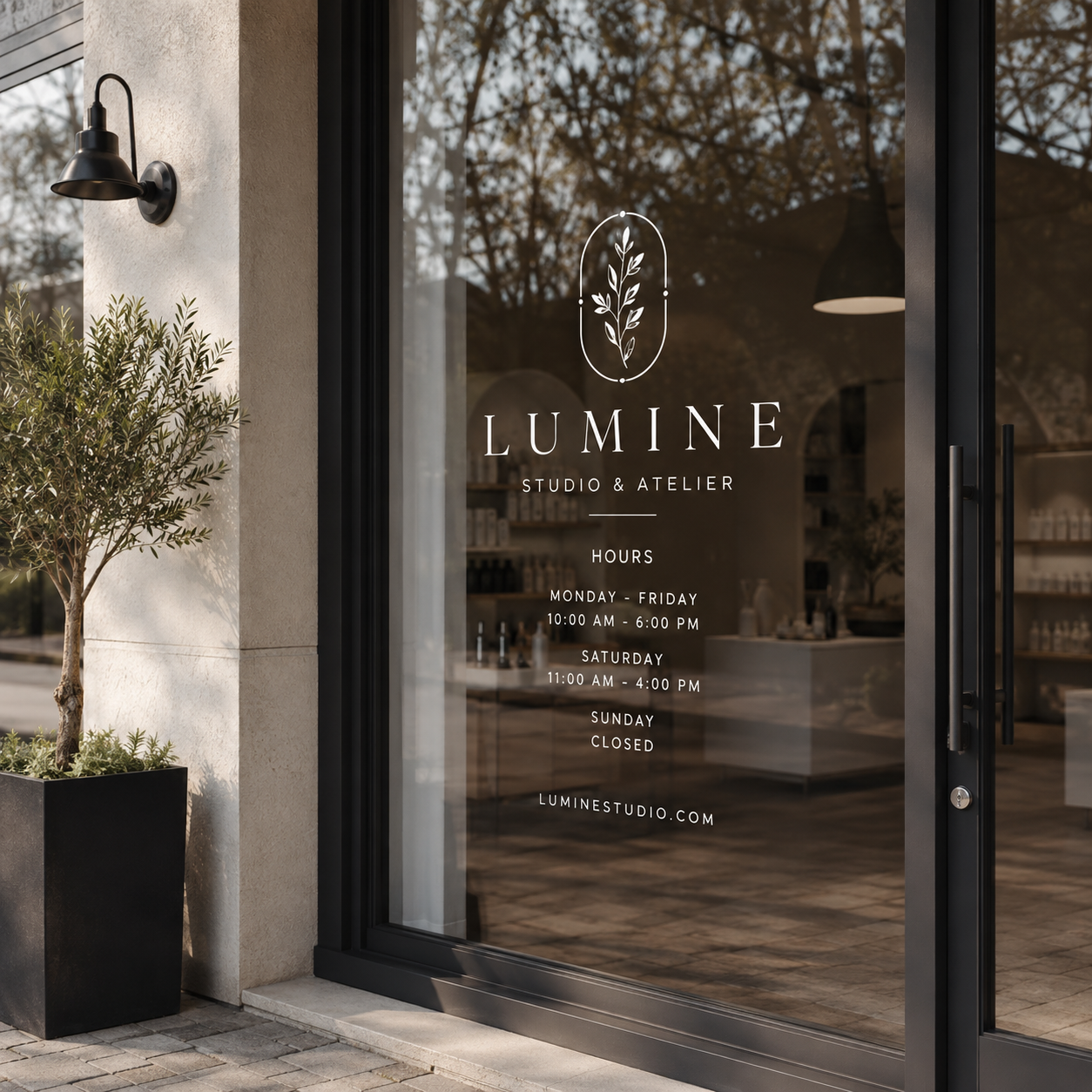 Outdoor window decal applied to a boutique storefront glass door with logo and business hours