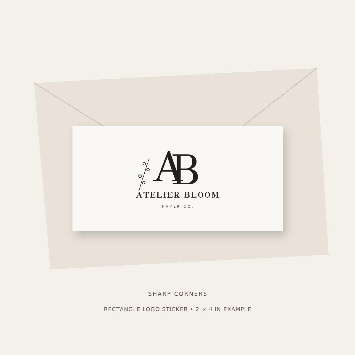 Rectangle logo sticker with sharp corners, shown with sample Atelier Bloom branding