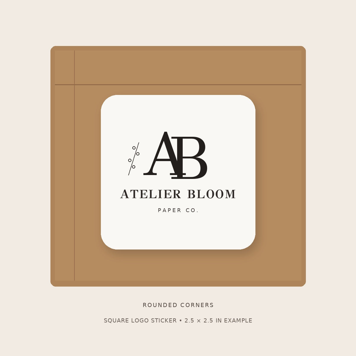Square logo sticker with rounded corners, shown with sample Atelier Bloom branding