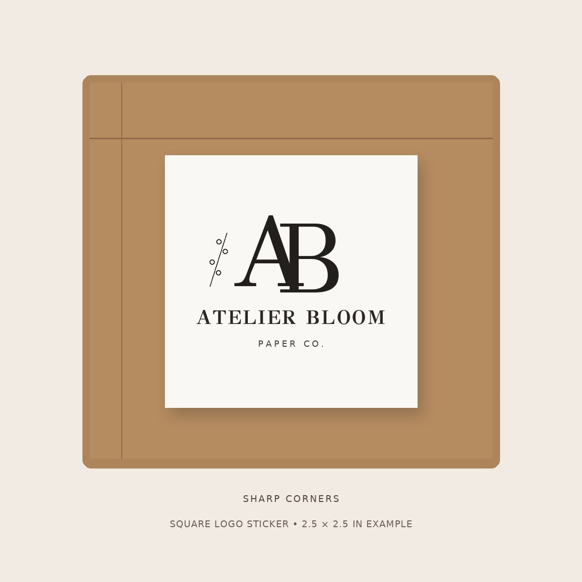 Square logo sticker with sharp corners, shown with sample Atelier Bloom branding