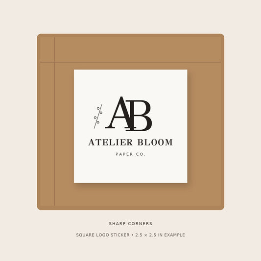 Square logo sticker with sharp corners, shown with sample Atelier Bloom branding