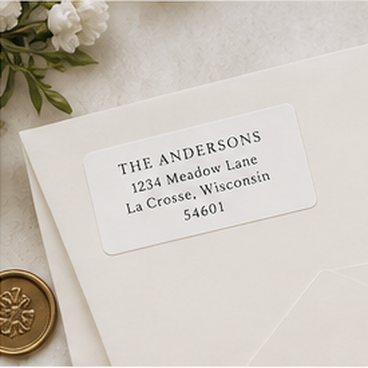 Wedding return address label on an ivory envelope with floral styling