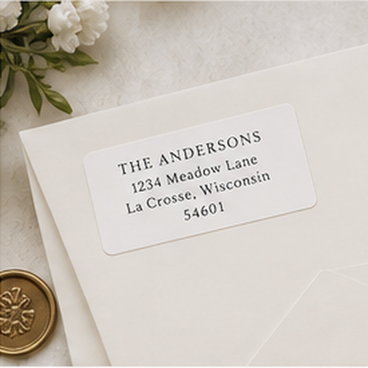 Wedding return address label on an ivory envelope with floral styling