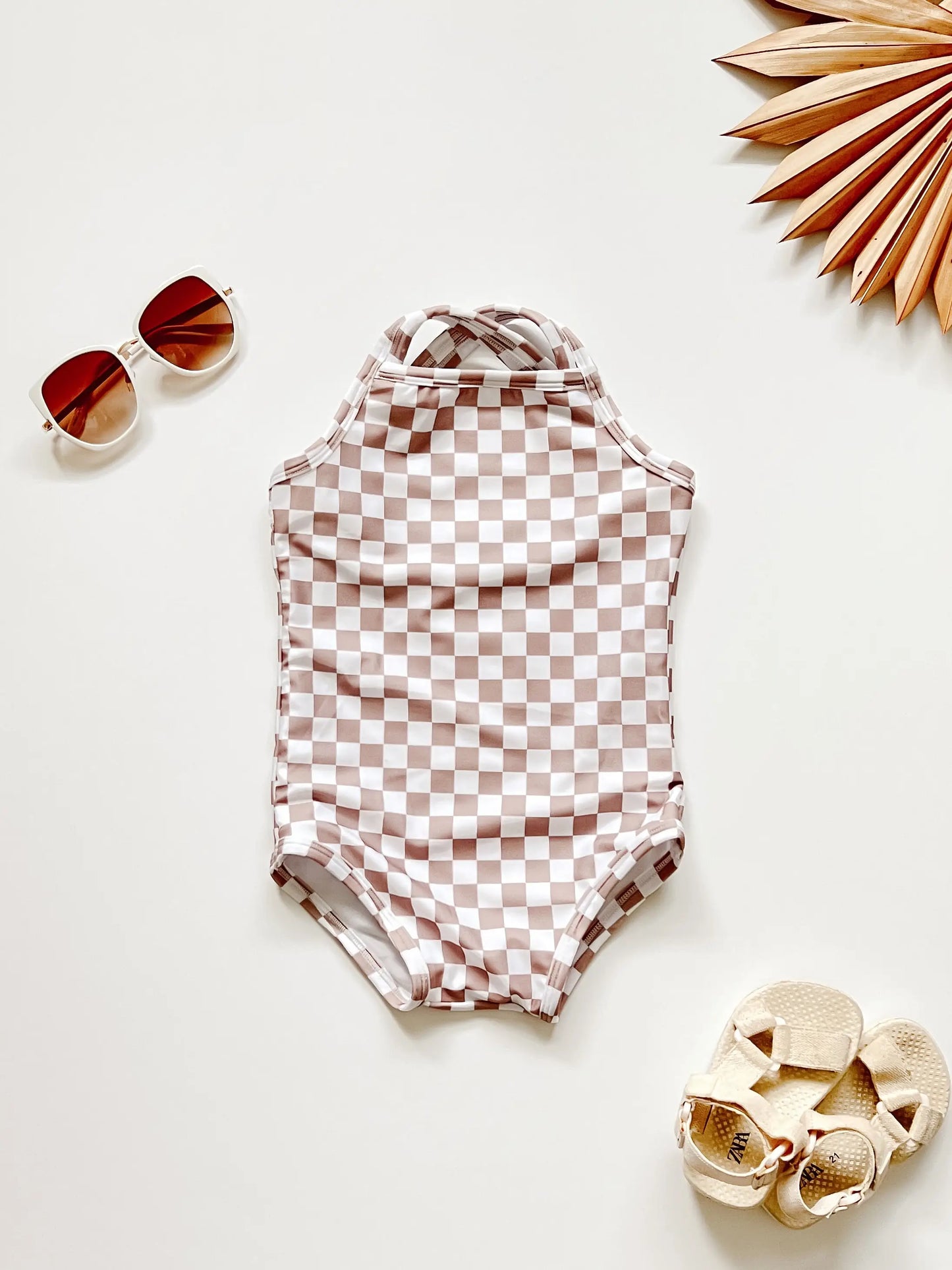 Cross-Back One-Piece Swimsuit - Tan Checkered